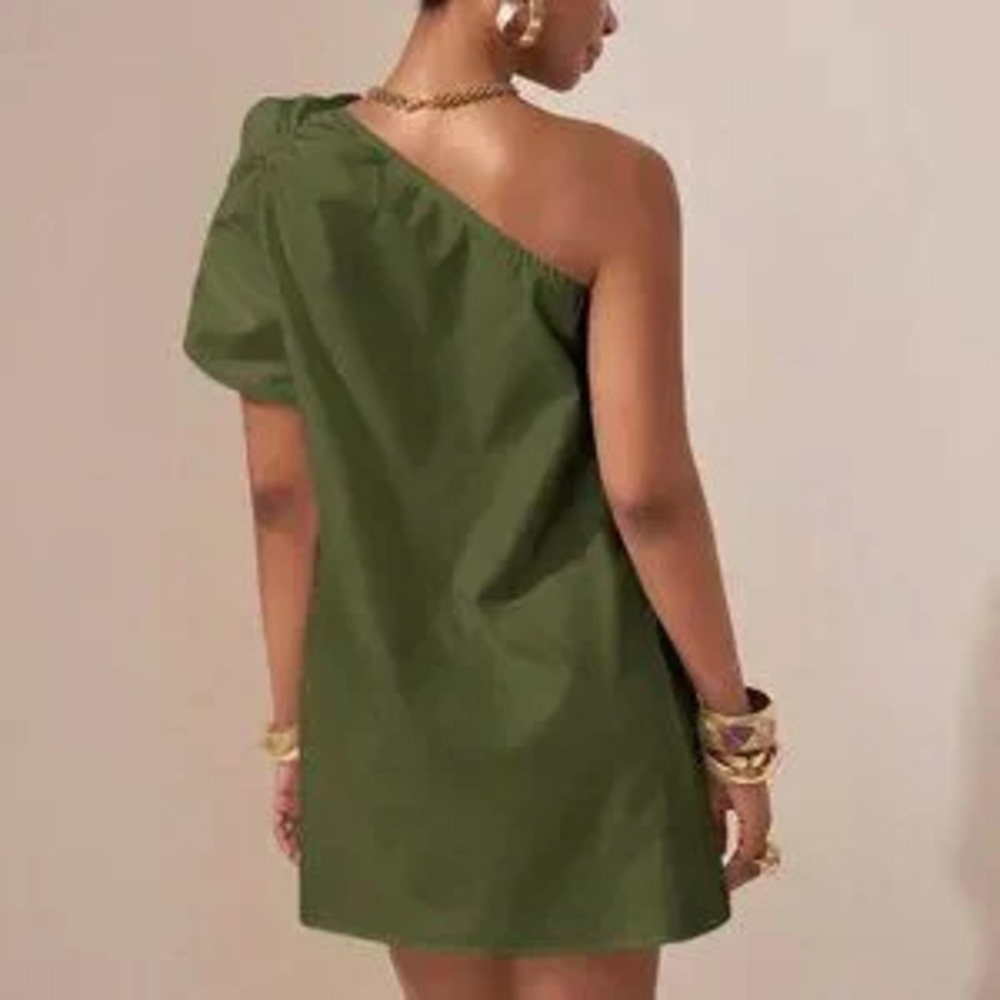 ZARA Army Green Casual Elegant Women's Asymmetric Ruched Puff Sleeve Short Dress